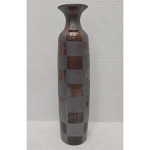 Vtg Bombay Company Ceramic Checkerboard Vase Tall Slender Metallic Grey & Brown